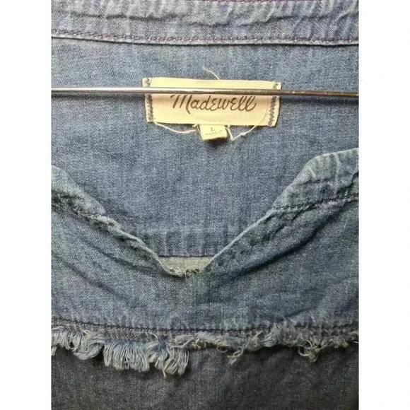 MADEWELL Denim Herald Tee Chambray Frayed Trim Blouse Blue Cotton Size L - Picture 7 of 10